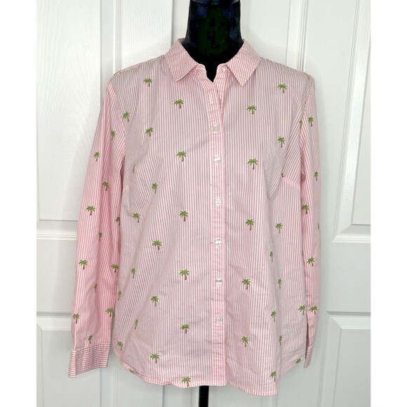 Lemon Way Shirt Womens Large Pink Striped Button Up Palm Trees Embroidery Preppy - Picture 1 of 11